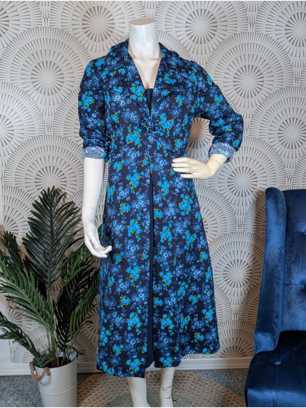 1970's Blue Floral Collared Nancy G Dress - Women's Size 18/XL